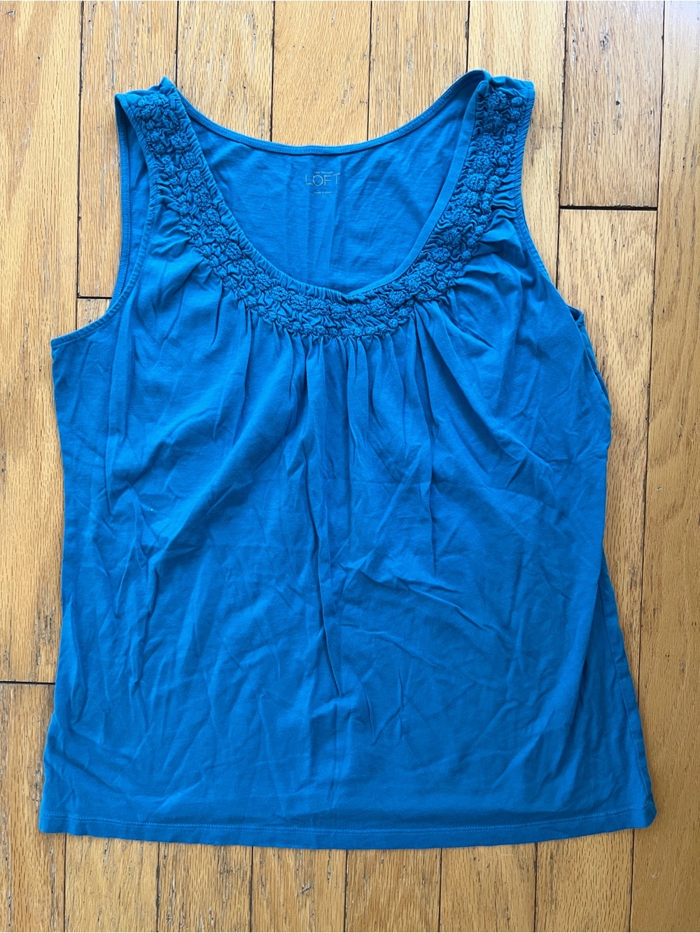 LOFT Teal-Blue Scoop Neck Tank with Smocked Yoke